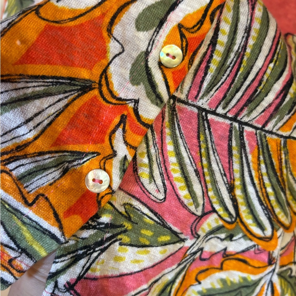 CC California 100% Linen Tropical Floral Print Short Sleeve Blouse Shirt Top - Picture 8 of 10